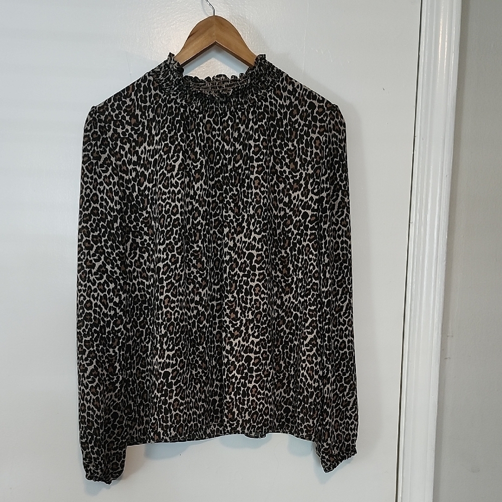 J. Crew Black and White Ruffled Blouse with Mandarin Collar